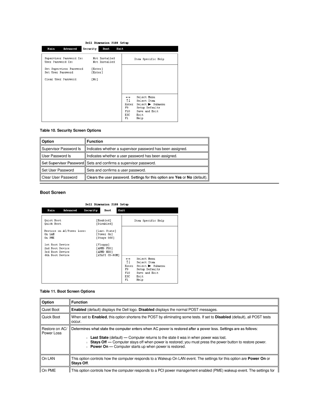 Dell Dimension 2100 technical specifications Security Screen Options Function, Boot Screen Options 