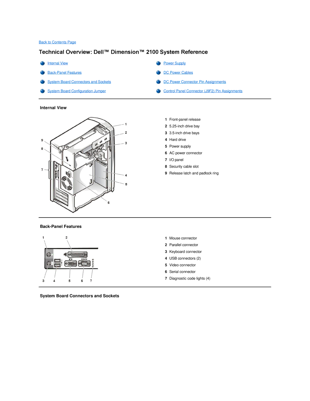 Dell Technical Overview Dell Dimension 2100 System Reference, Internal View, Back-Panel Features 