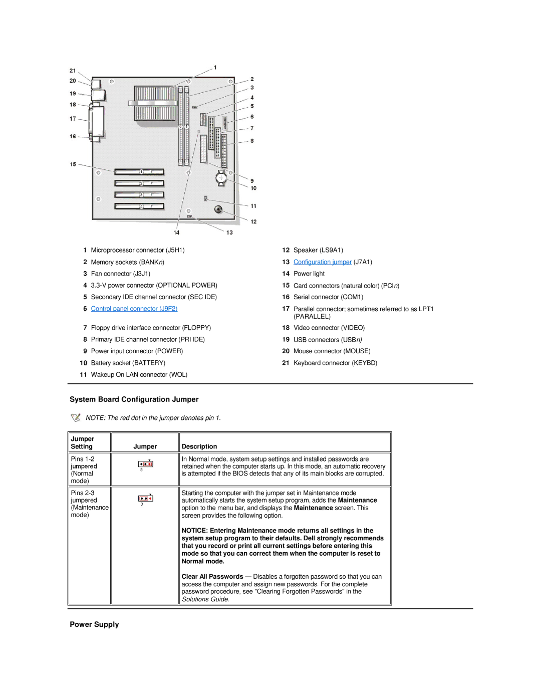 Dell Dimension 2100 System Board Configuration Jumper, Power Supply, Jumper Setting, Jumper Description 