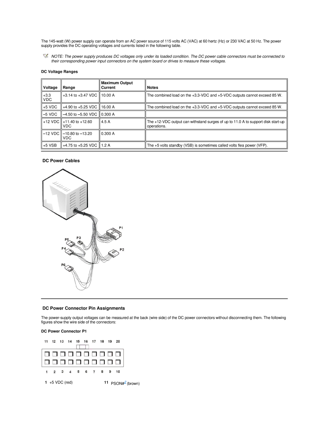 Dell Dimension 2100 DC Power Cables DC Power Connector Pin Assignments, DC Voltage Ranges, Voltage Range Current 