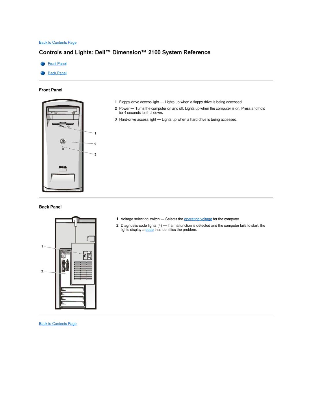 Dell technical specifications Controls and Lights Dell Dimension 2100 System Reference, Front Panel Back Panel 