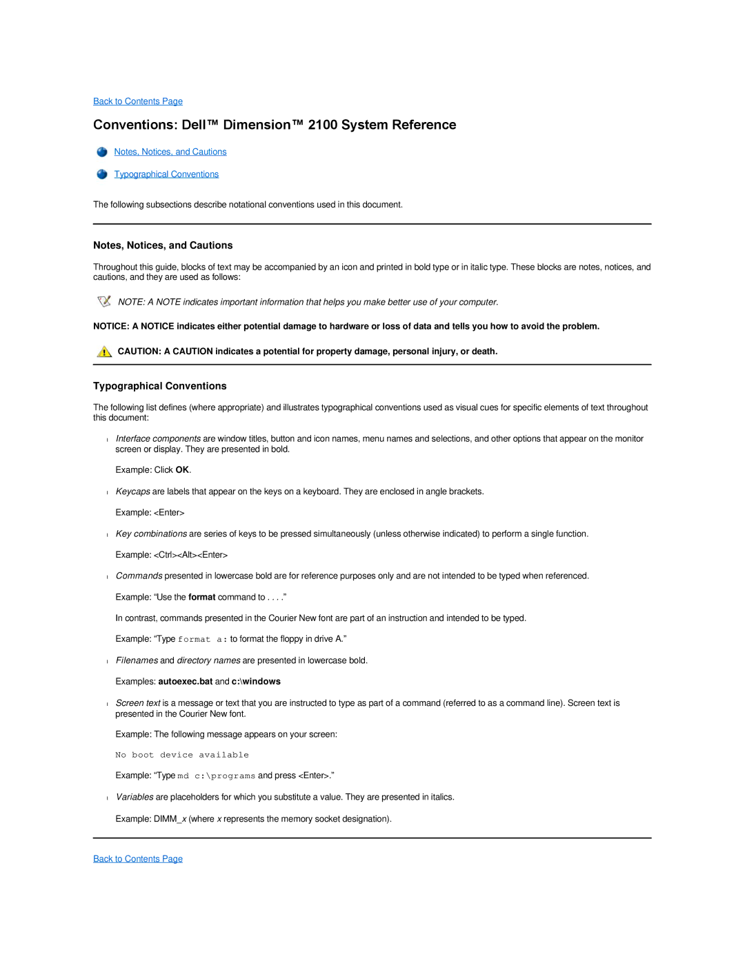 Dell technical specifications Conventions Dell Dimension 2100 System Reference, Typographical Conventions 