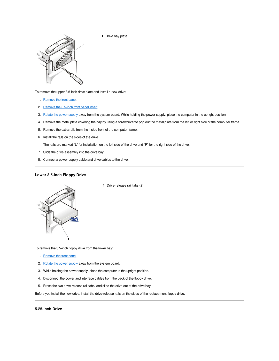 Dell Dimension 2100 technical specifications Lower 3.5-Inch Floppy Drive, Inch Drive, Remove the front panel 