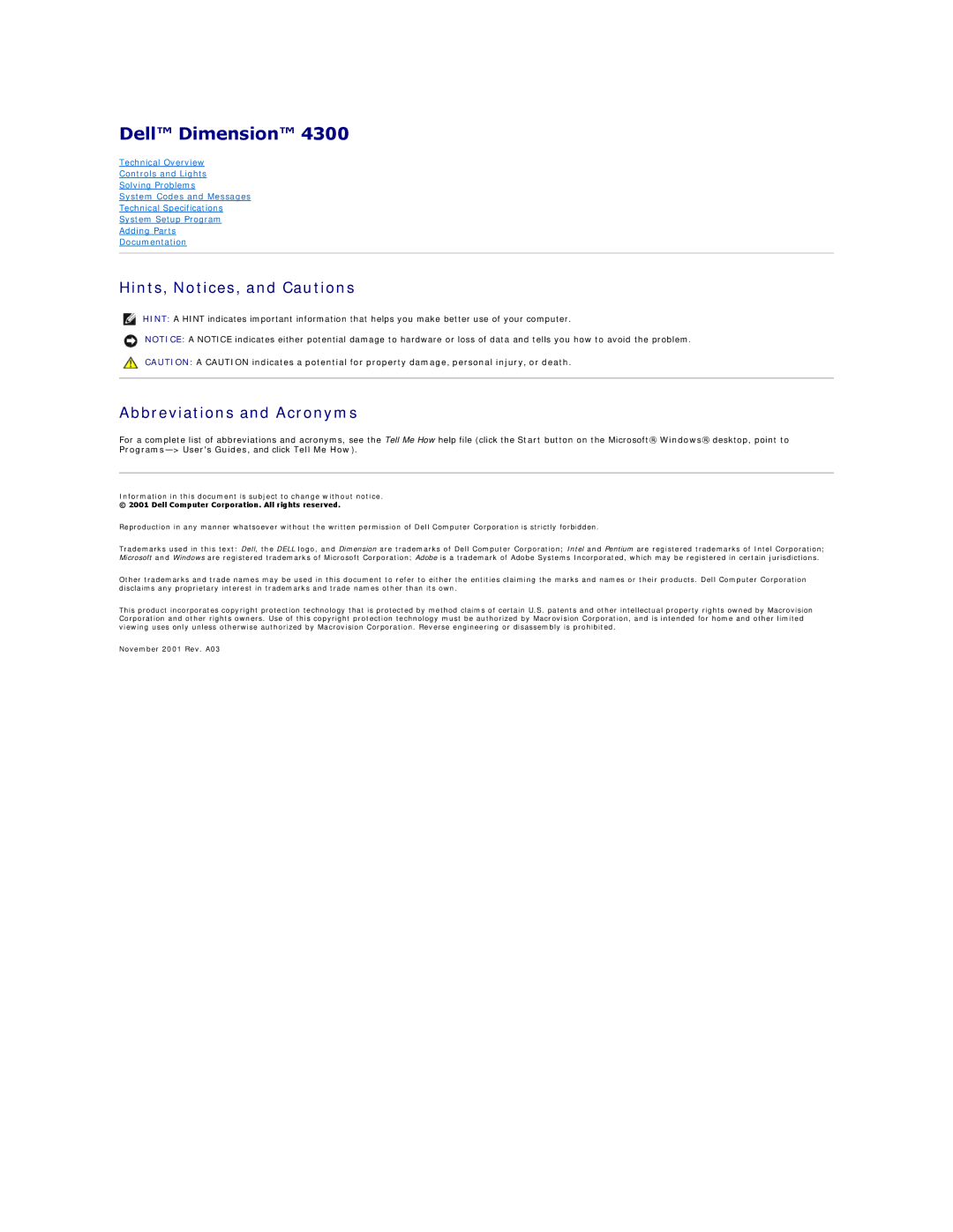 Dell Dimension 4300 technical specifications Dell Dimension, Hints, Notices, and Cautions, Abbreviations and Acronyms 