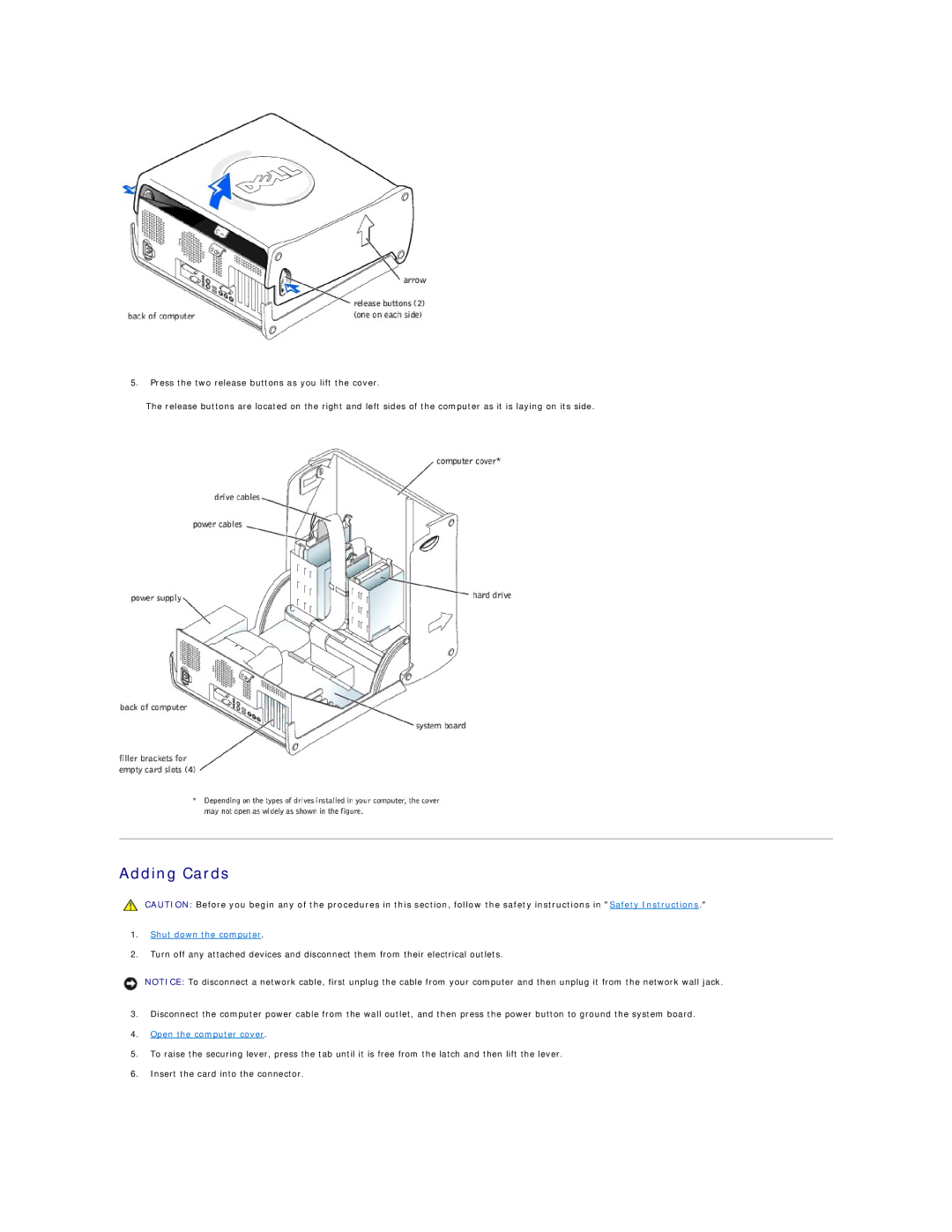 Dell Dimension 4300 technical specifications Adding Cards, Open the computer cover 