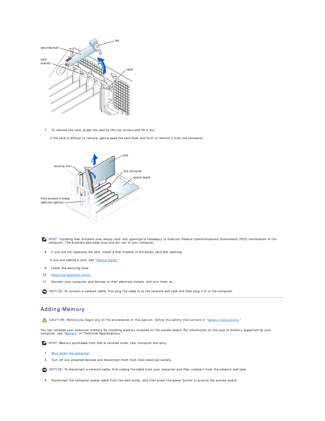 Dell Dimension 4300 technical specifications Adding Memory 