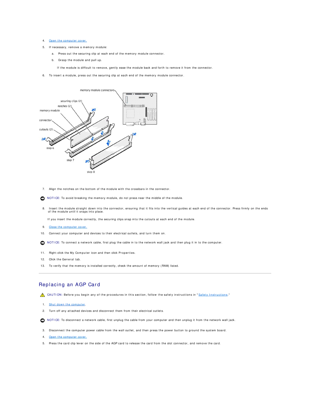 Dell Dimension 4300 technical specifications Replacing an AGP Card 