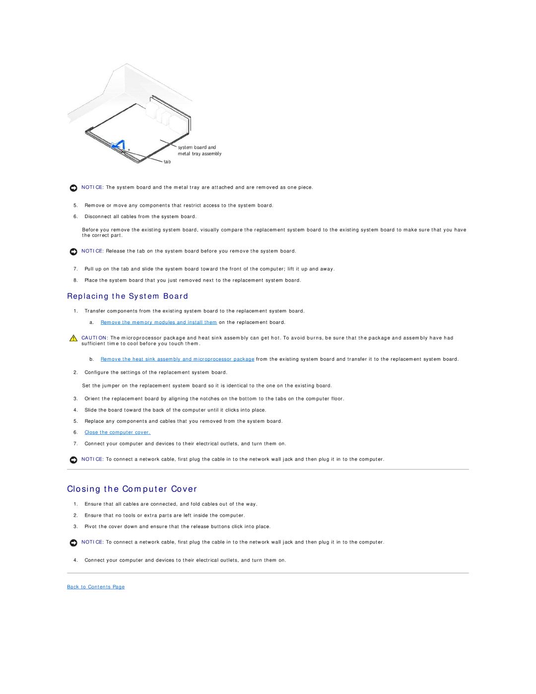 Dell Dimension 4300 technical specifications Closing the Computer Cover, Replacing the System Board 