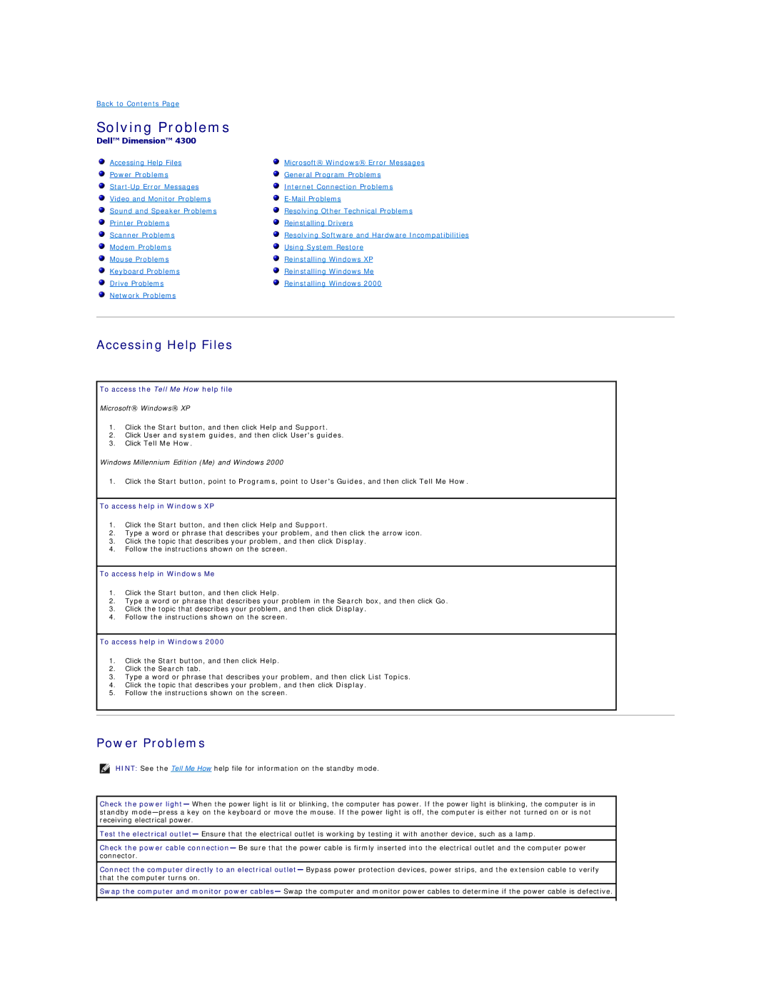 Dell Dimension 4300 technical specifications Solving Problems, Accessing Help Files, Power Problems 