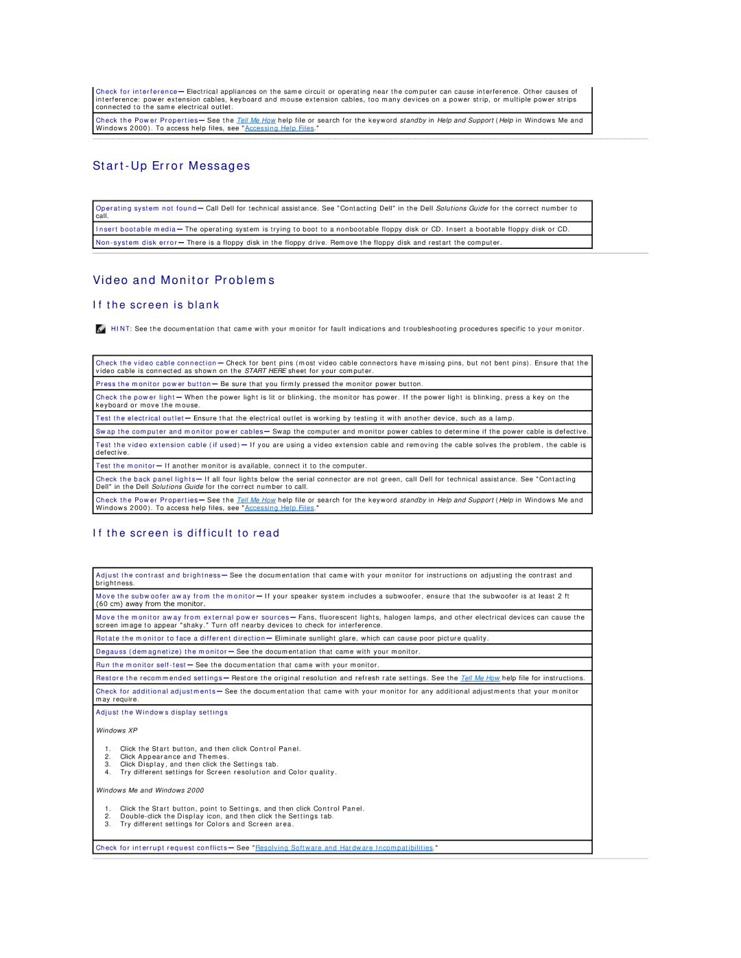 Dell Dimension 4300 technical specifications Start-Up Error Messages, Video and Monitor Problems, If the screen is blank 