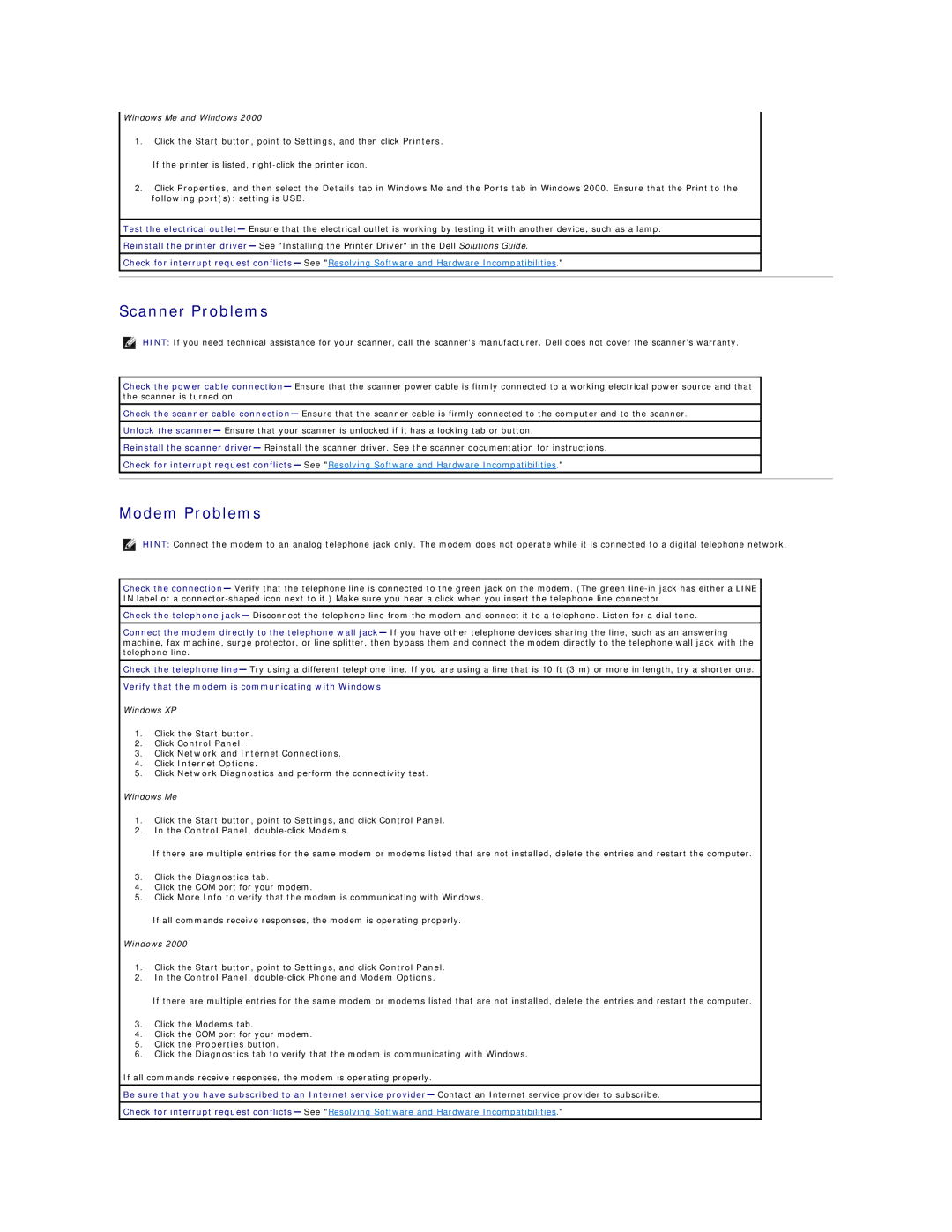 Dell Dimension 4300 Scanner Problems, Modem Problems, Verify that the modem is communicating with Windows 