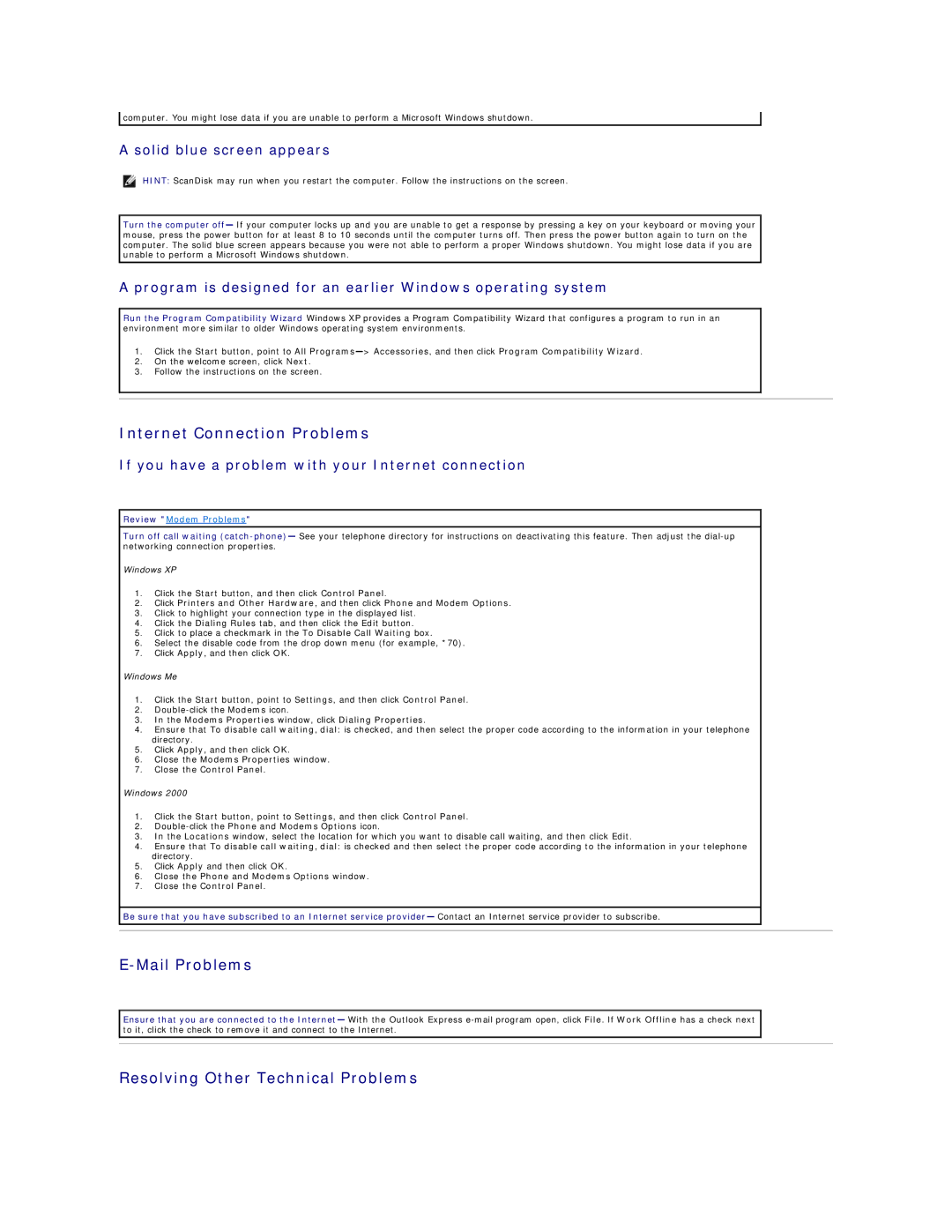 Dell Dimension 4300 Internet Connection Problems, Mail Problems, Resolving Other Technical Problems 