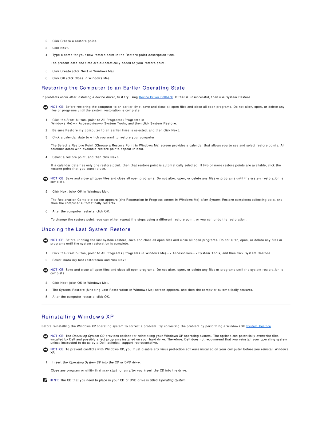 Dell Dimension 4300 technical specifications Reinstalling Windows XP, Restoring the Computer to an Earlier Operating State 