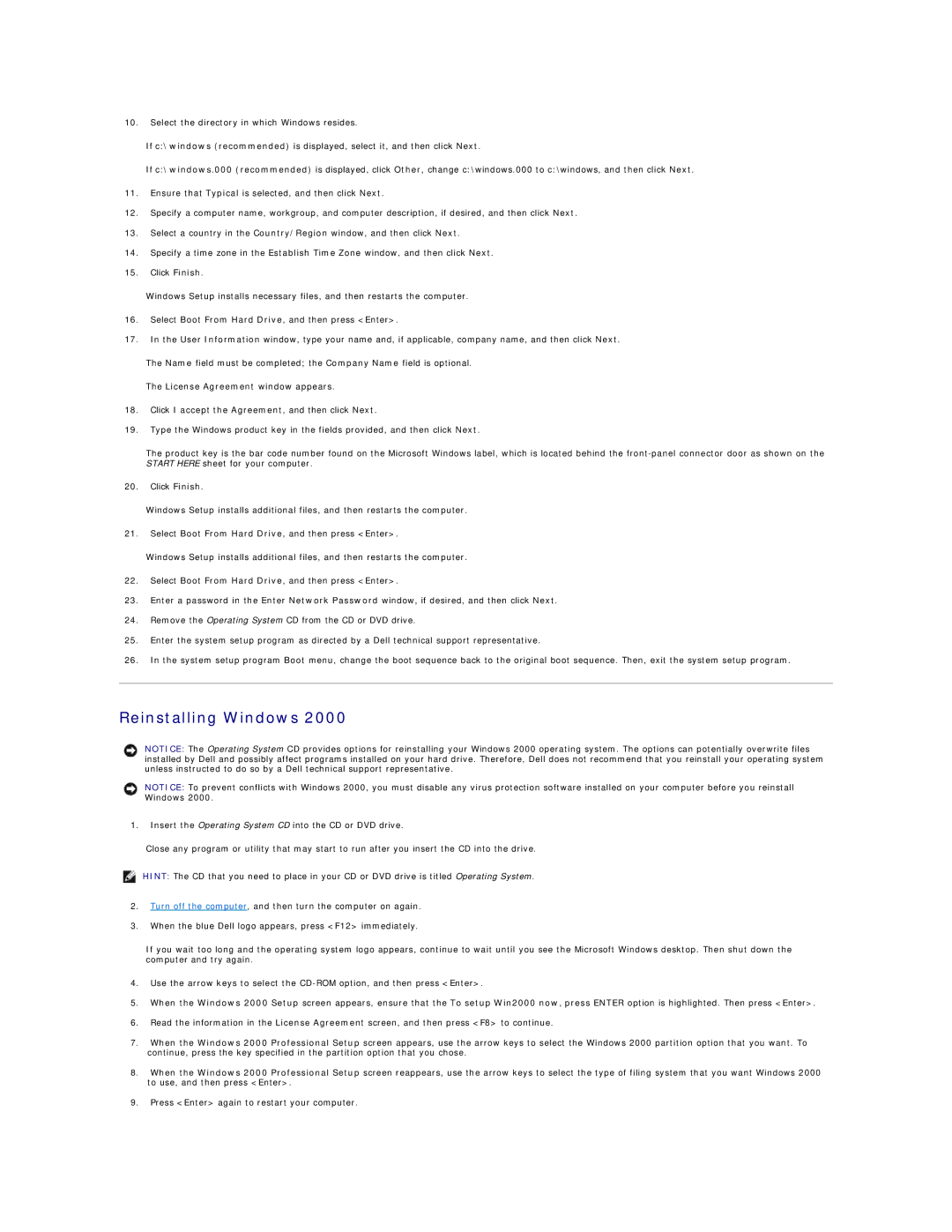 Dell Dimension 4300 technical specifications Reinstalling Windows, Click I accept the Agreement, and then click Next 