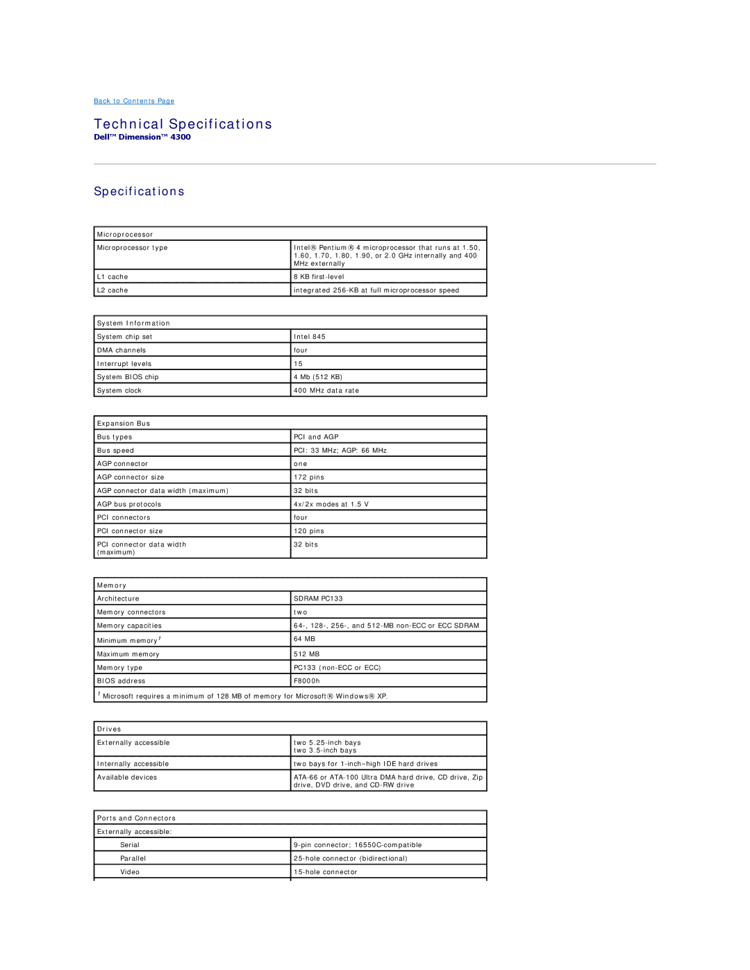 Dell Dimension 4300 technical specifications Technical Specifications 