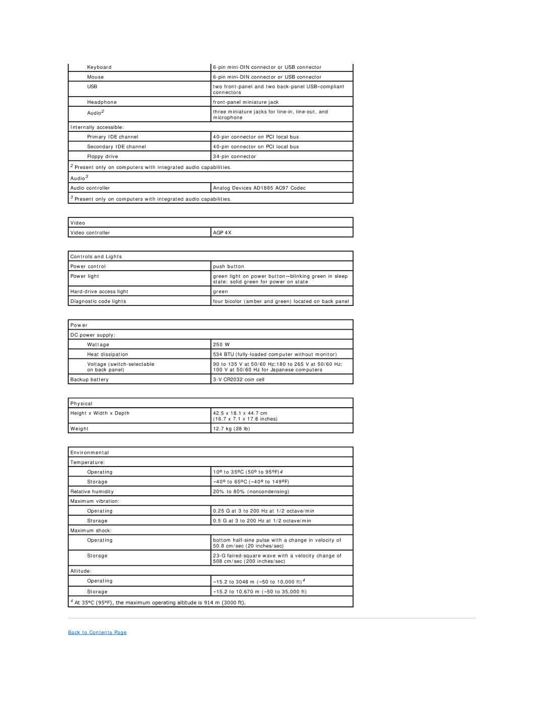 Dell Dimension 4300 technical specifications Audio3, Video, Controls and Lights, Power, Physical, Environmental 