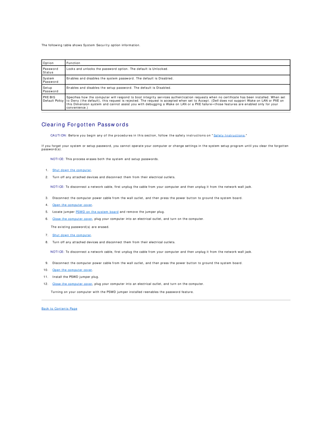 Dell Dimension 4300 technical specifications Clearing Forgotten Passwords, Pxe Bis 