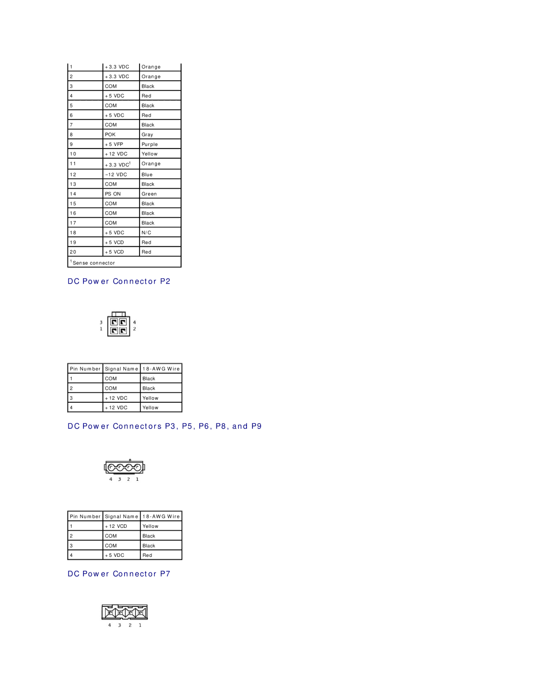 Dell Dimension 4300 DC Power Connector P2, DC Power Connectors P3, P5, P6, P8, and P9, DC Power Connector P7 