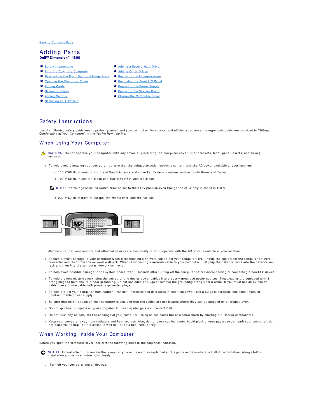 Dell Dimension 4300 Adding Parts, Safety Instructions, When Using Your Computer, When Working Inside Your Computer 