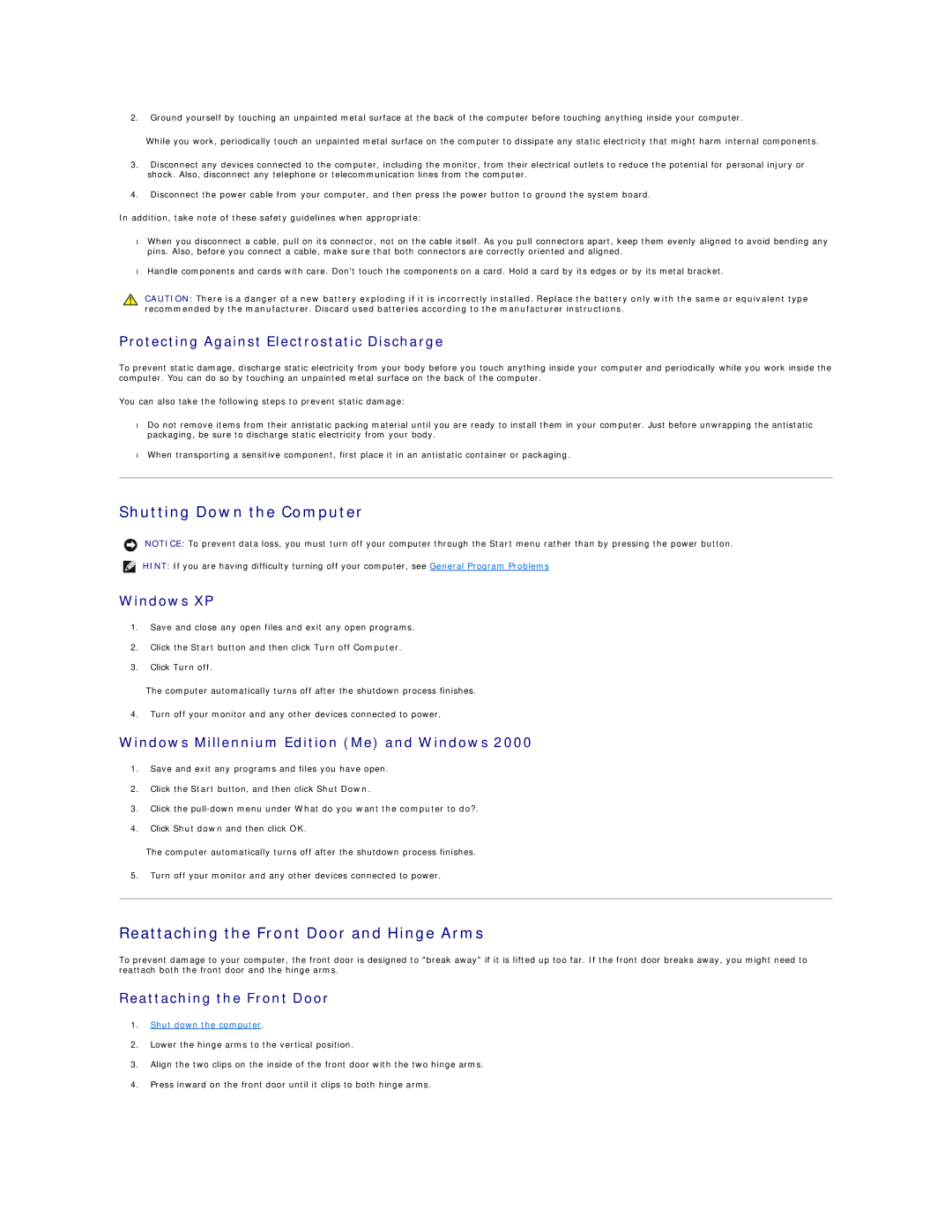 Dell Dimension 4300 technical specifications Shutting Down the Computer, Reattaching the Front Door and Hinge Arms 