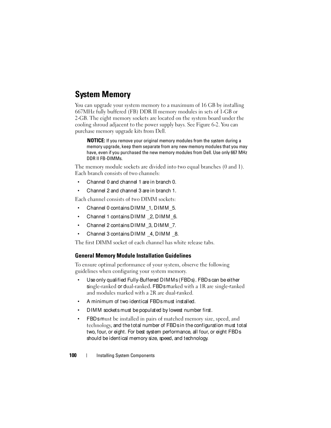 Dell DL2000 owner manual System Memory, General Memory Module Installation Guidelines, 100 