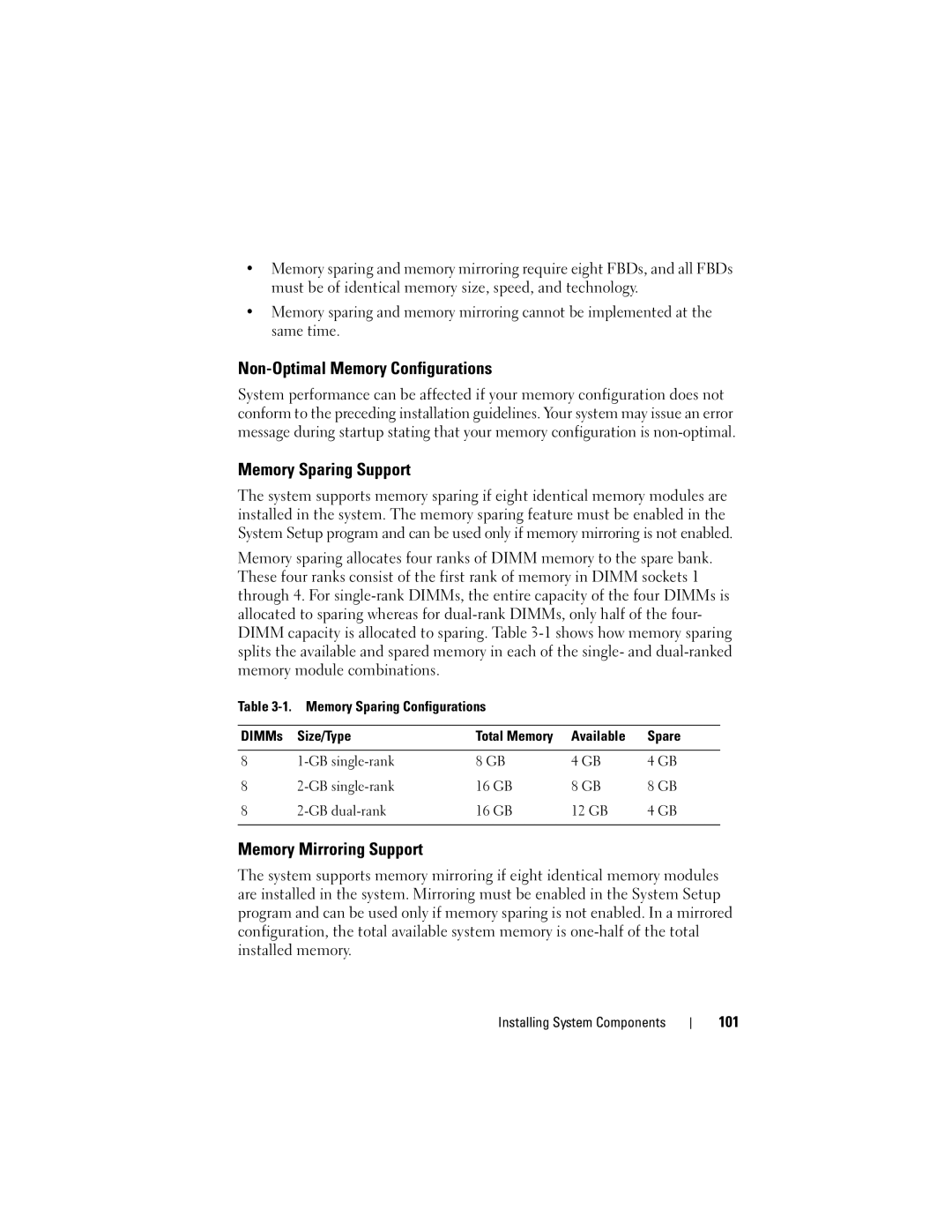 Dell DL2000 owner manual Non-Optimal Memory Configurations, Memory Sparing Support, Memory Mirroring Support, 101 