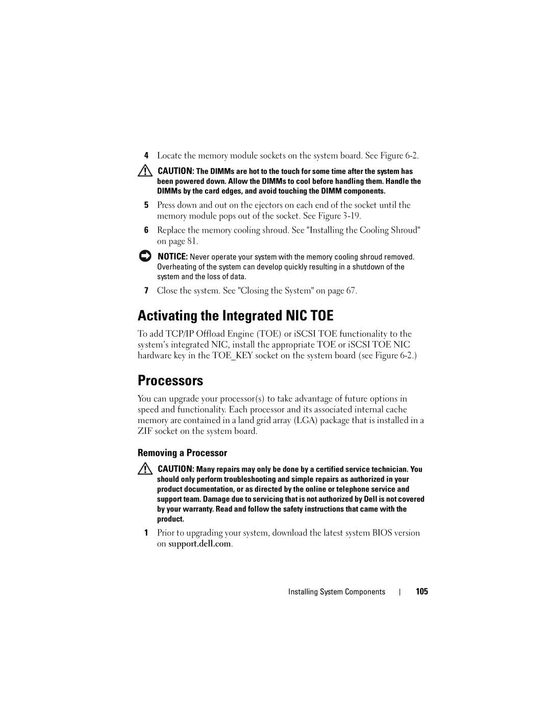 Dell DL2000 owner manual Activating the Integrated NIC TOE, Processors, Removing a Processor, 105 