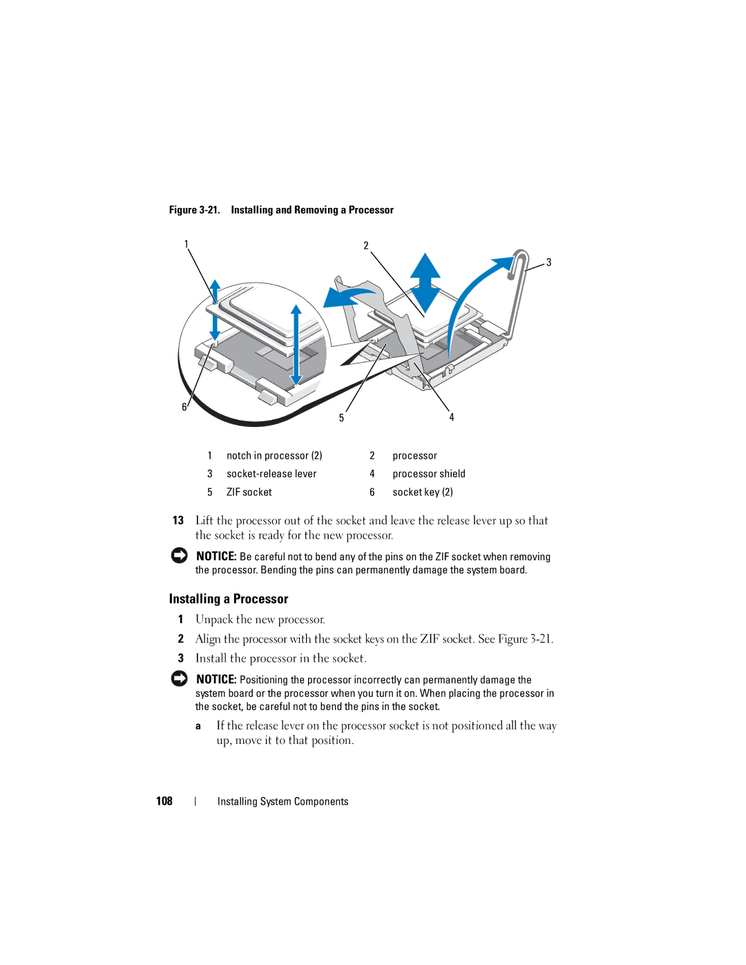 Dell DL2000 owner manual Installing a Processor, Unpack the new processor, ZIF socket Socket key 