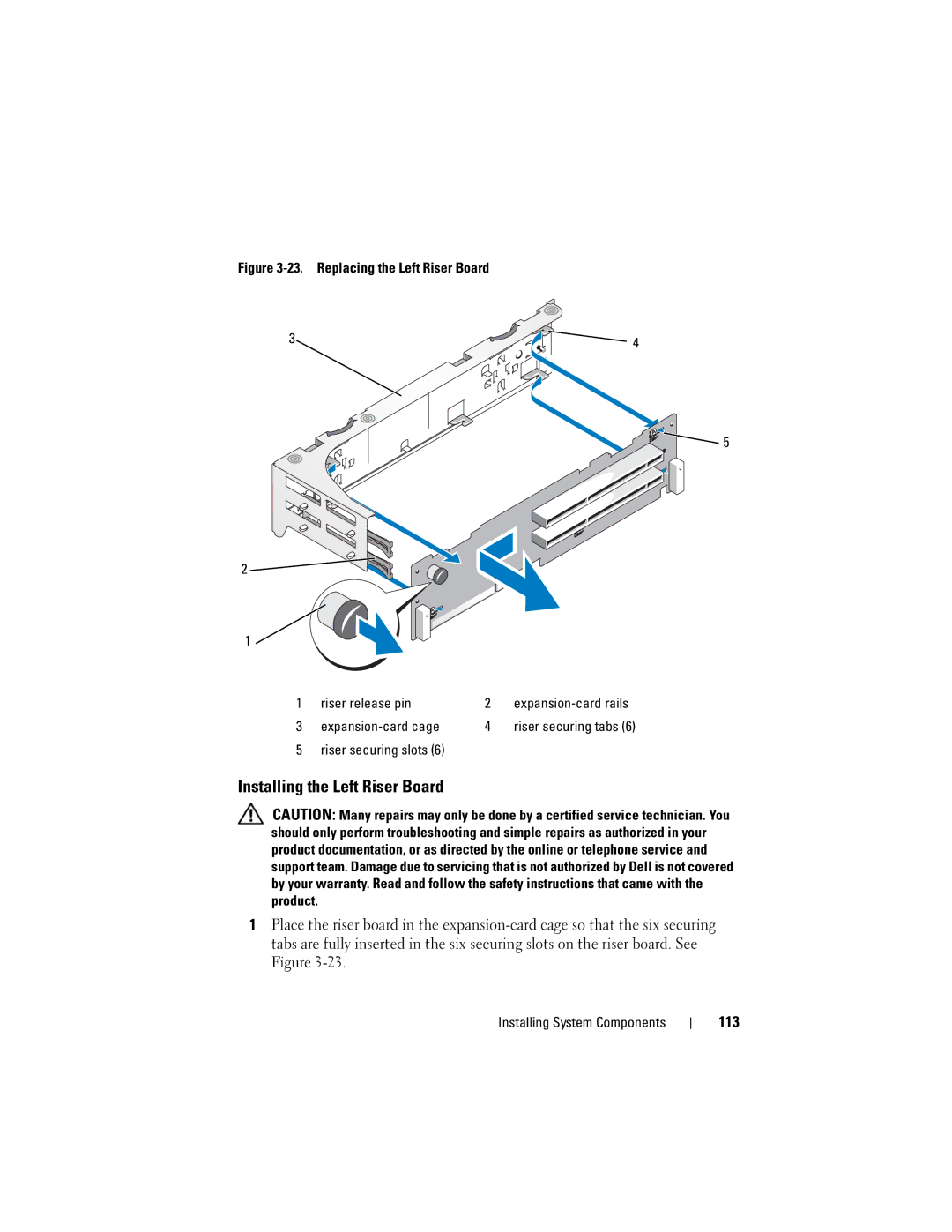 Dell DL2000 owner manual Installing the Left Riser Board, 113 