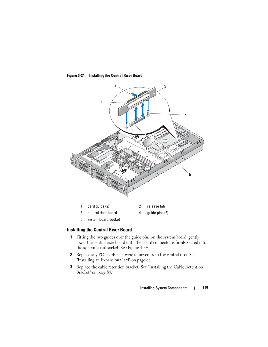 Dell DL2000 owner manual Installing the Central Riser Board, 115, System board socket 