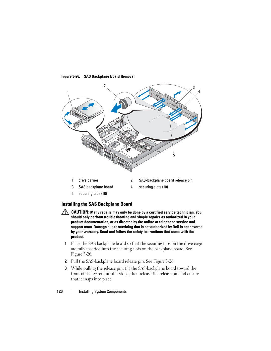 Dell DL2000 owner manual Installing the SAS Backplane Board, SAS backplane board Securing slots Securing tabs 