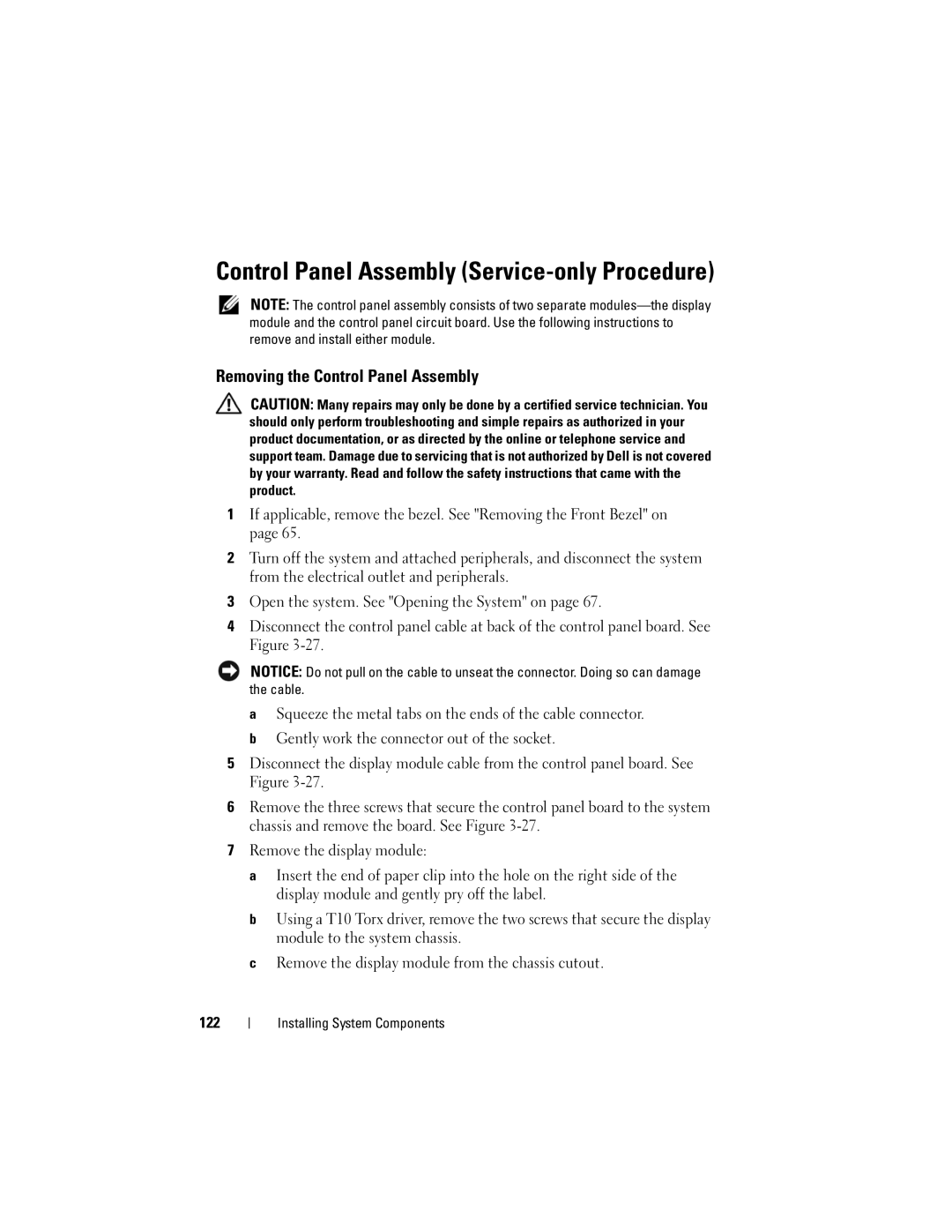 Dell DL2000 owner manual Control Panel Assembly Service-only Procedure, Removing the Control Panel Assembly 