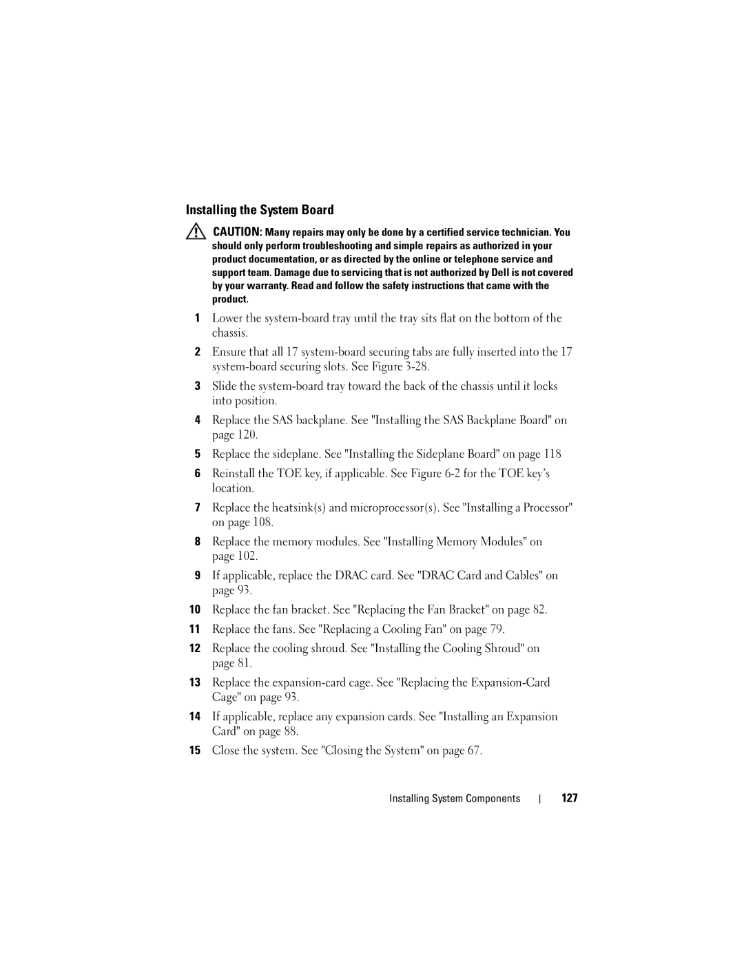 Dell DL2000 owner manual Installing the System Board, 127 