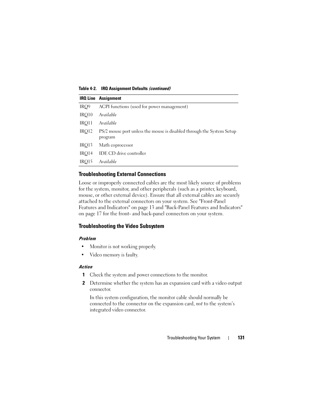 Dell DL2000 owner manual Troubleshooting External Connections, Troubleshooting the Video Subsystem, 131 