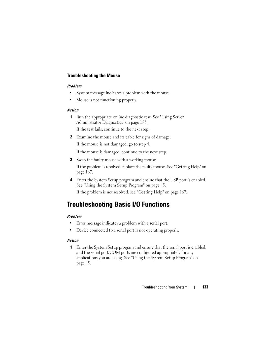 Dell DL2000 owner manual Troubleshooting Basic I/O Functions, Troubleshooting the Mouse, 133 