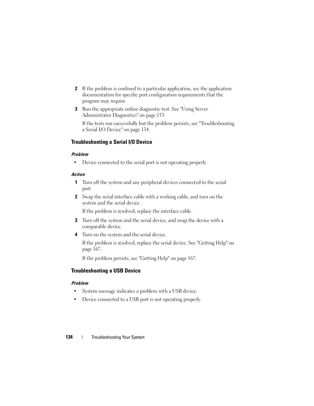 Dell DL2000 owner manual Troubleshooting a Serial I/O Device, Troubleshooting a USB Device 