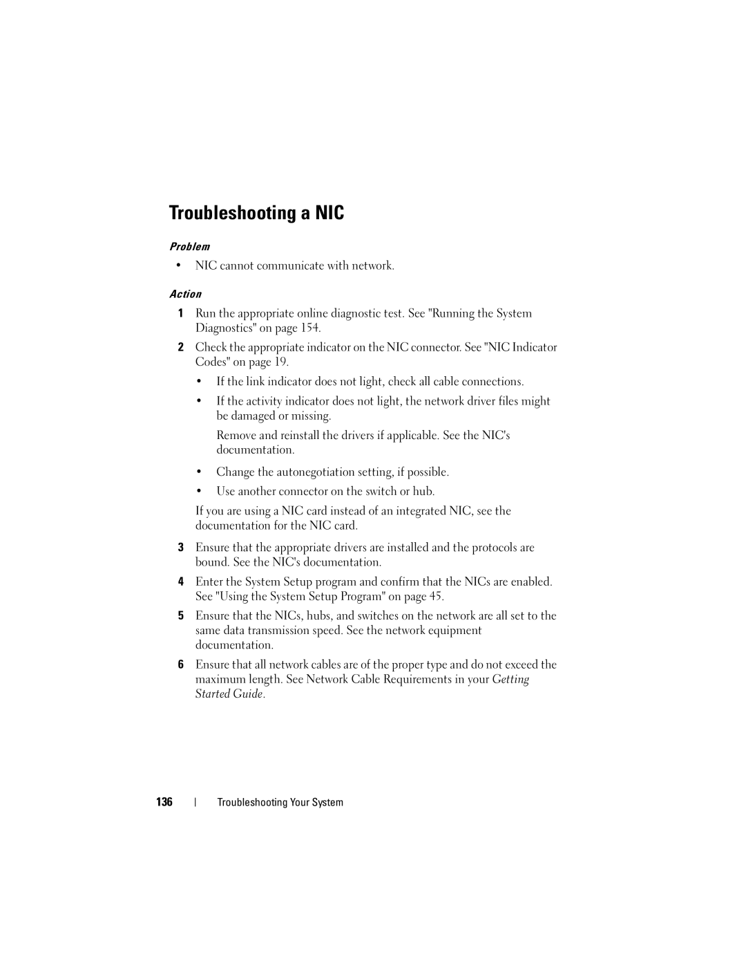 Dell DL2000 owner manual Troubleshooting a NIC, NIC cannot communicate with network 