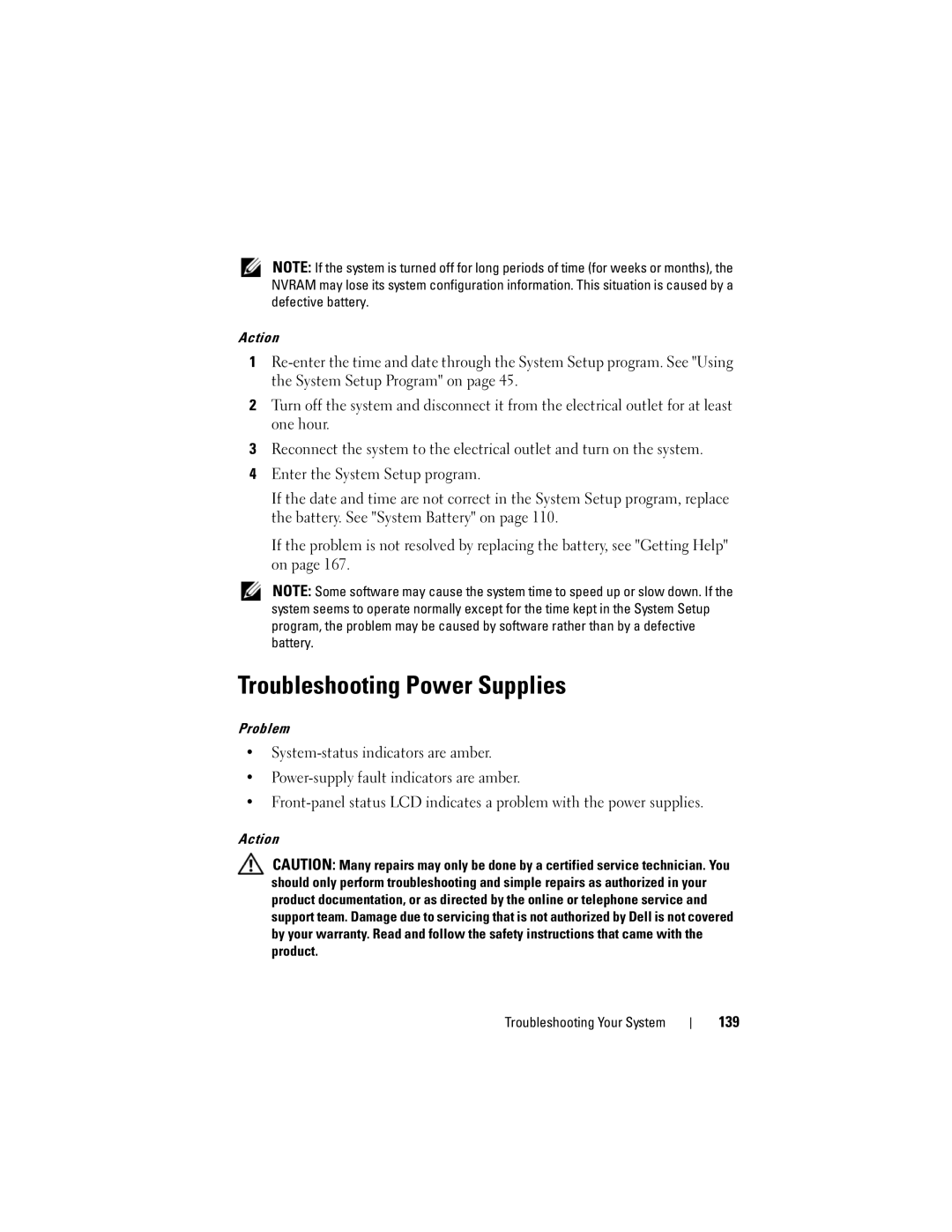 Dell DL2000 owner manual Troubleshooting Power Supplies, 139, Action Troubleshooting Your System 