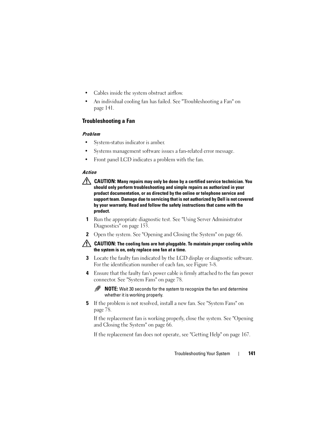 Dell DL2000 owner manual Troubleshooting a Fan, 141 