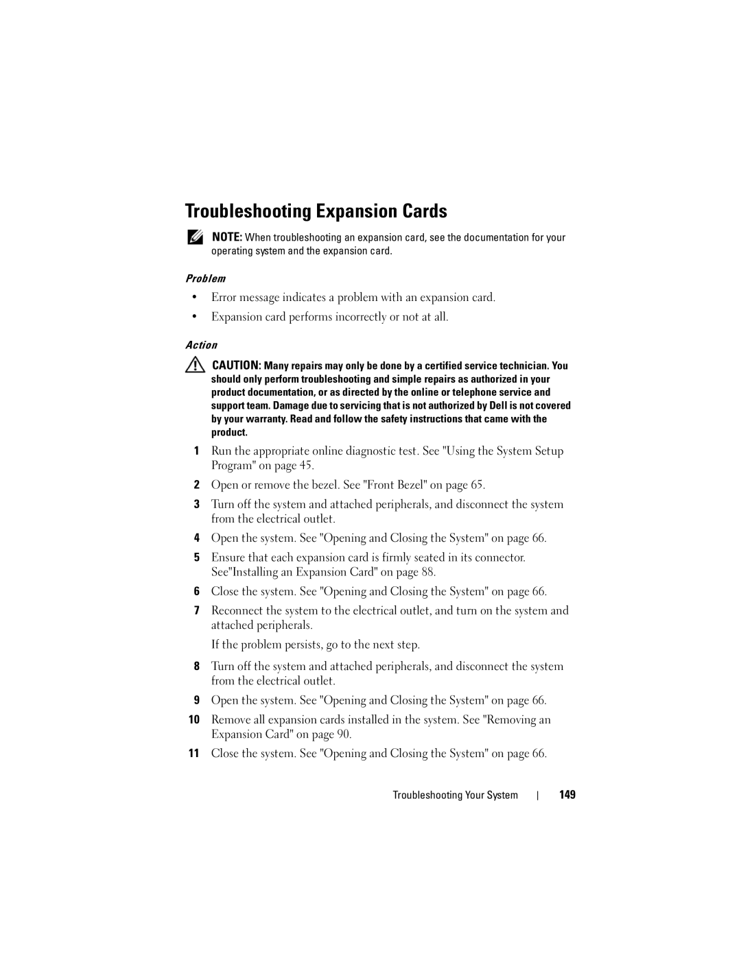 Dell DL2000 owner manual Troubleshooting Expansion Cards, 149 