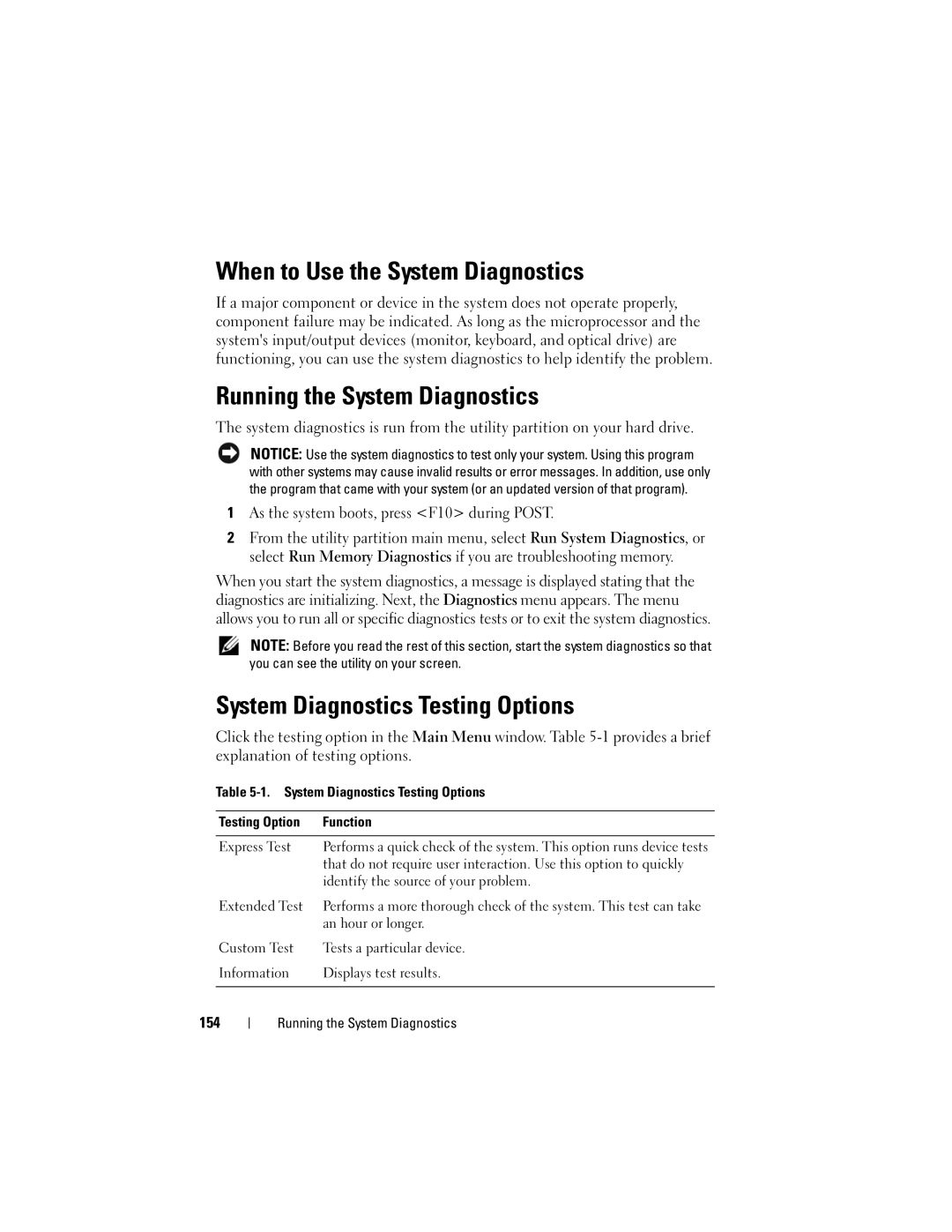 Dell DL2000 When to Use the System Diagnostics, Running the System Diagnostics, System Diagnostics Testing Options, 154 