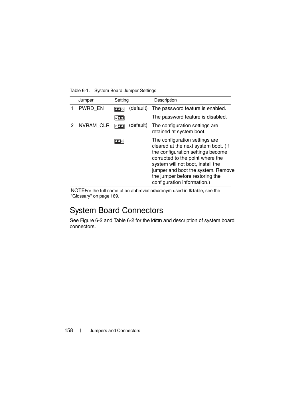 Dell DL2000 owner manual System Board Connectors, 158, System Board Jumper Settings Jumper SettingDescription 