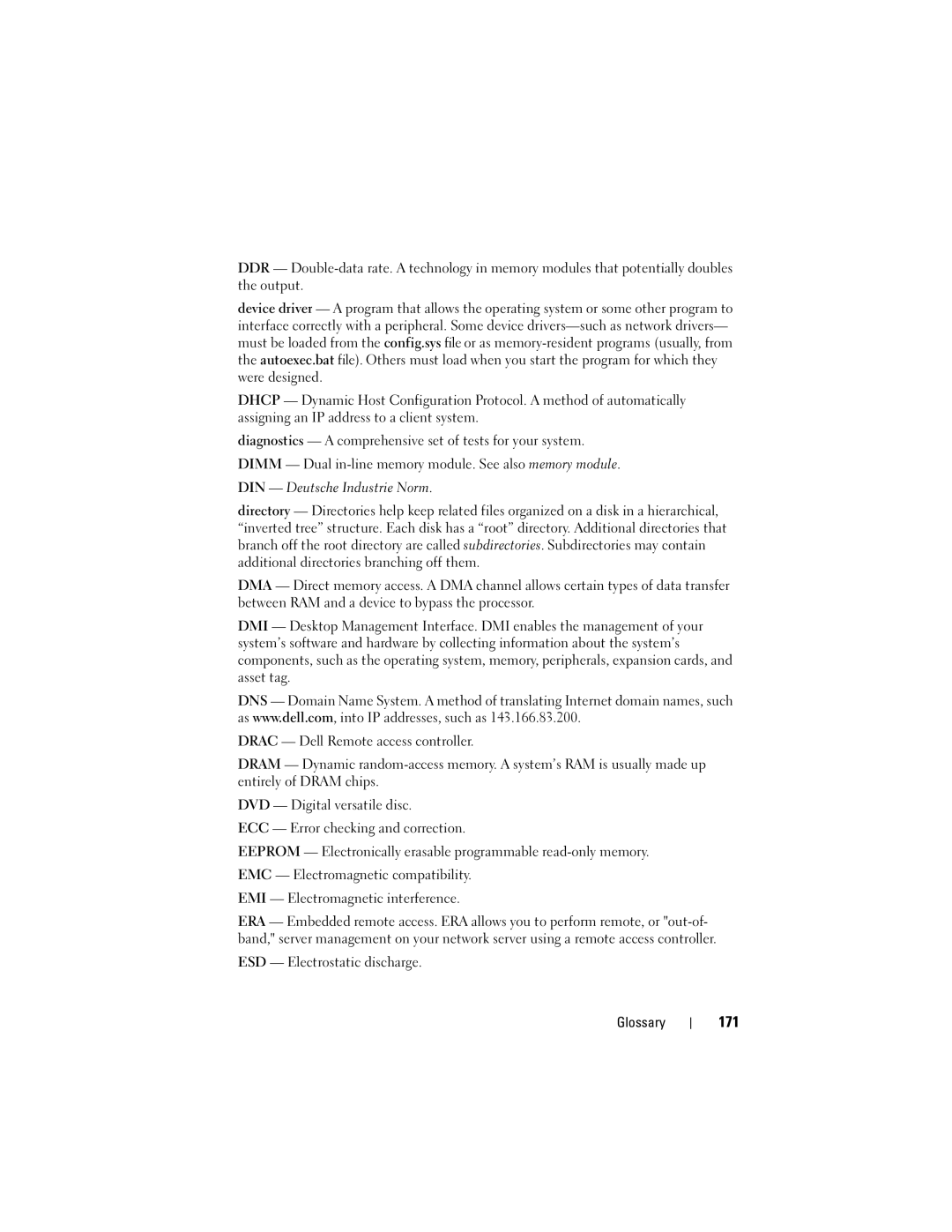 Dell DL2000 owner manual 171, ESD Electrostatic discharge Glossary 