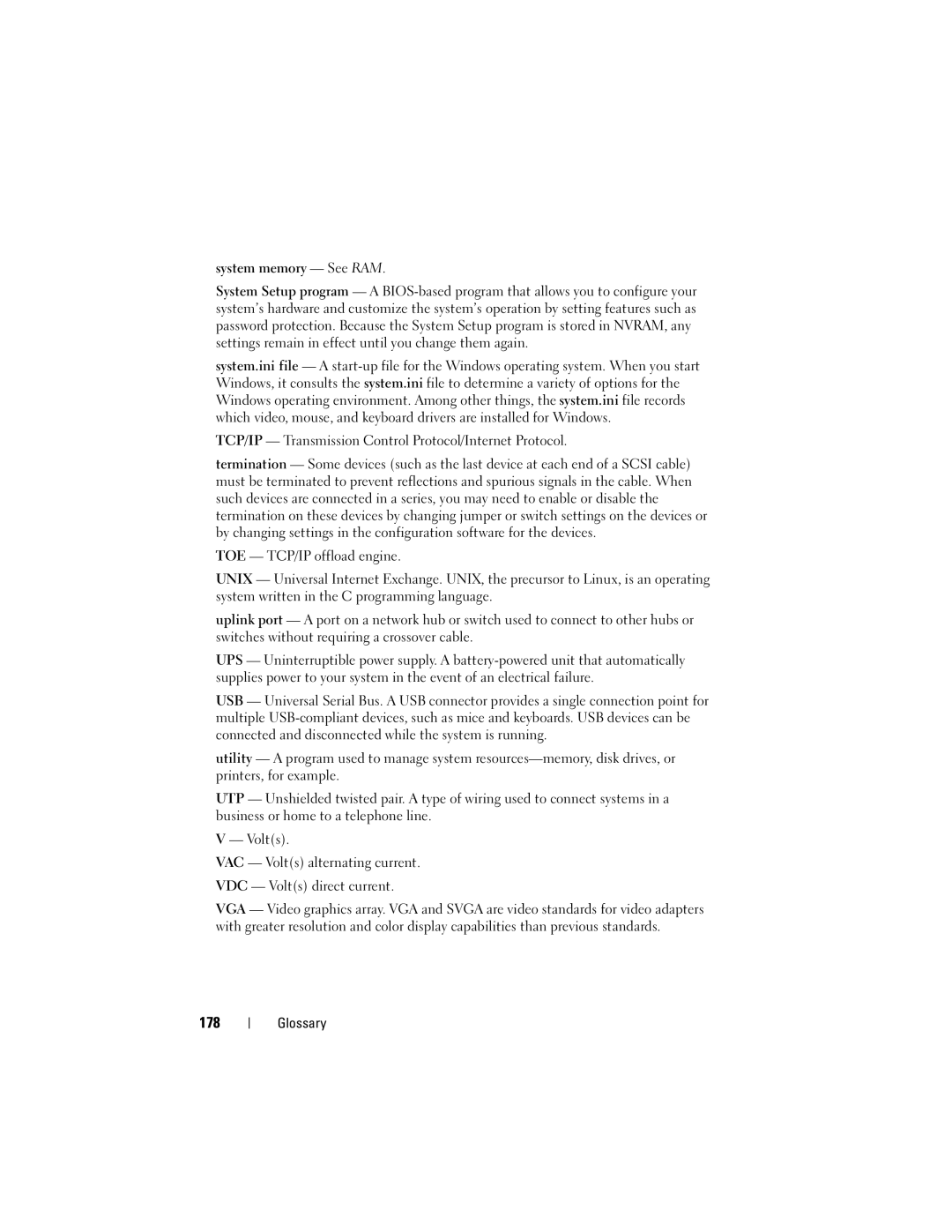 Dell DL2000 owner manual 178, System memory See RAM, TCP/IP Transmission Control Protocol/Internet Protocol 