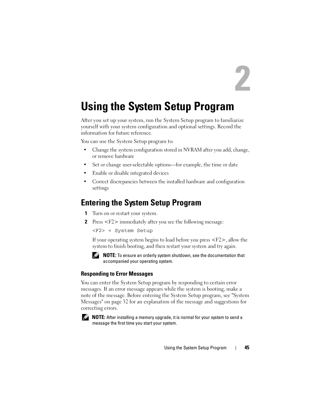 Dell DL2000 owner manual Entering the System Setup Program, Responding to Error Messages 