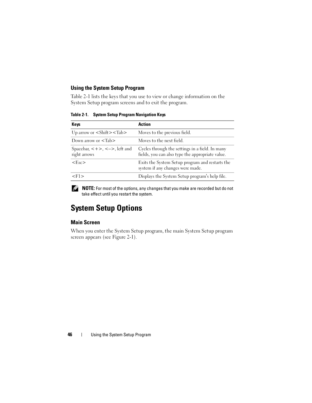 Dell DL2000 System Setup Options, Using the System Setup Program, Main Screen, Esc, System if any changes were made 