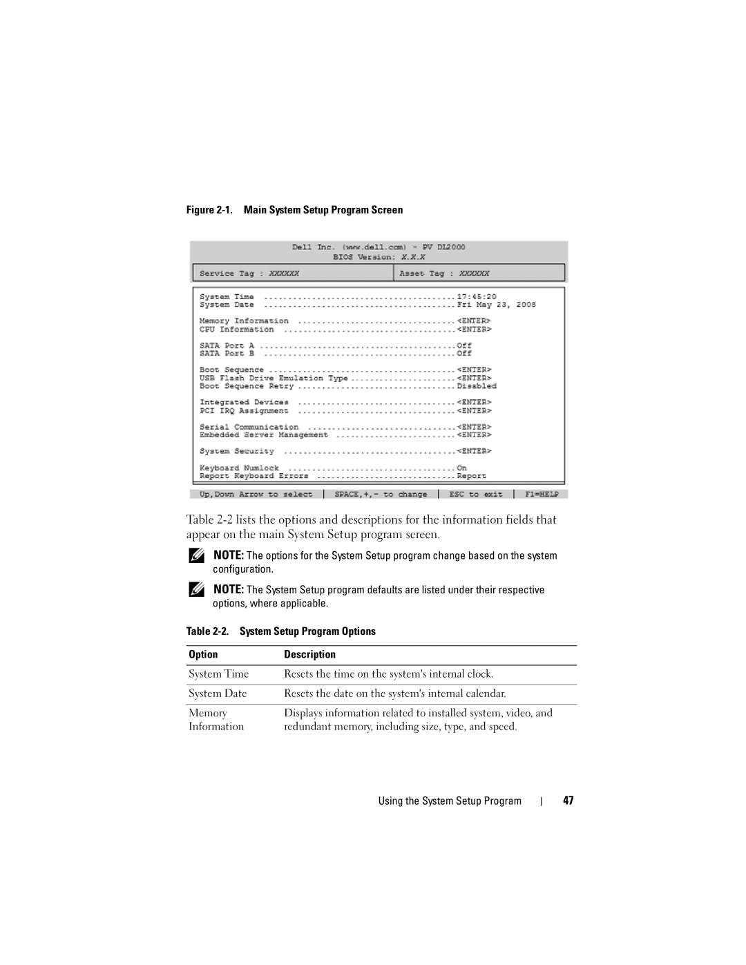 Dell DL2000 owner manual Main System Setup Program Screen 