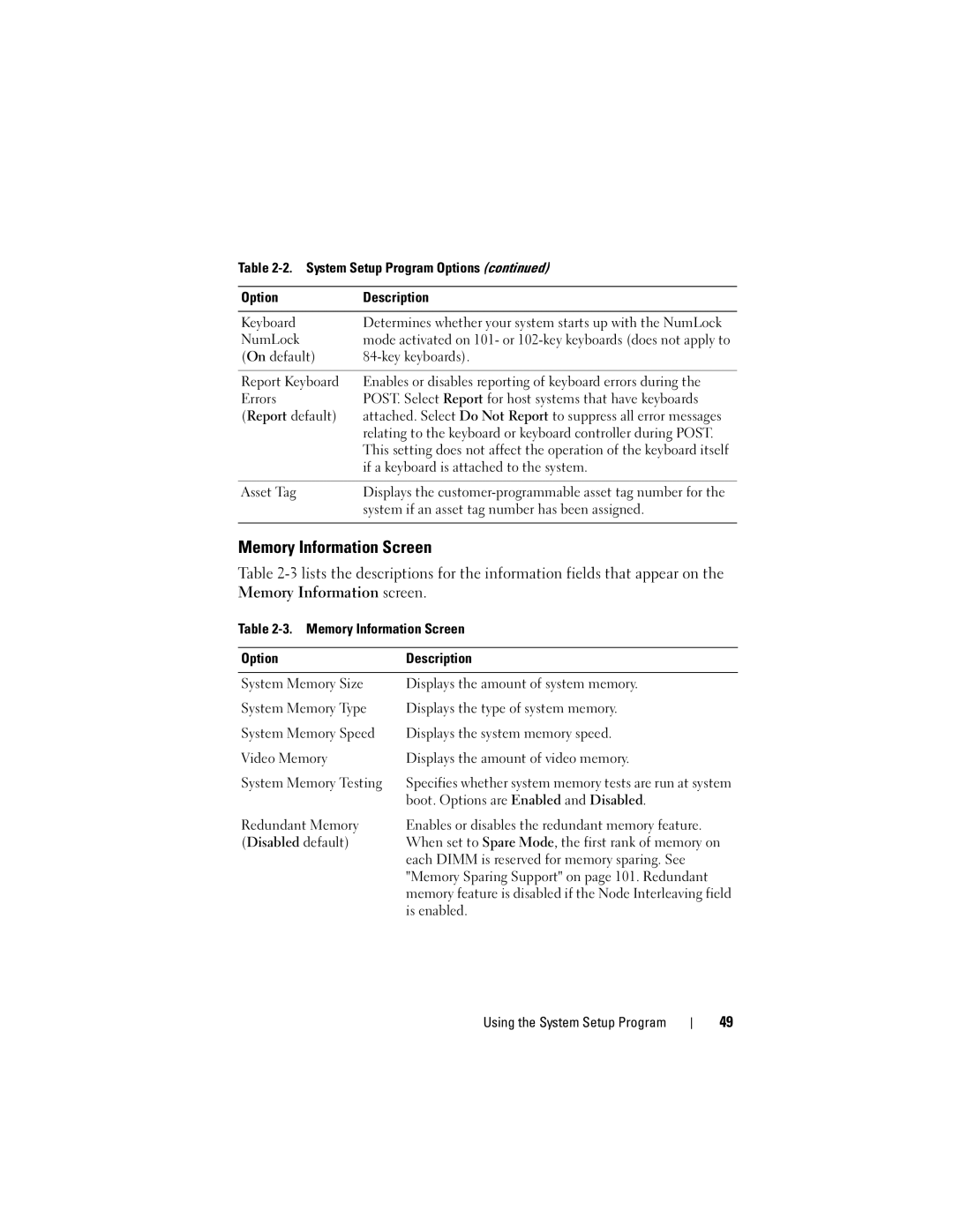 Dell DL2000 owner manual Memory Information Screen 