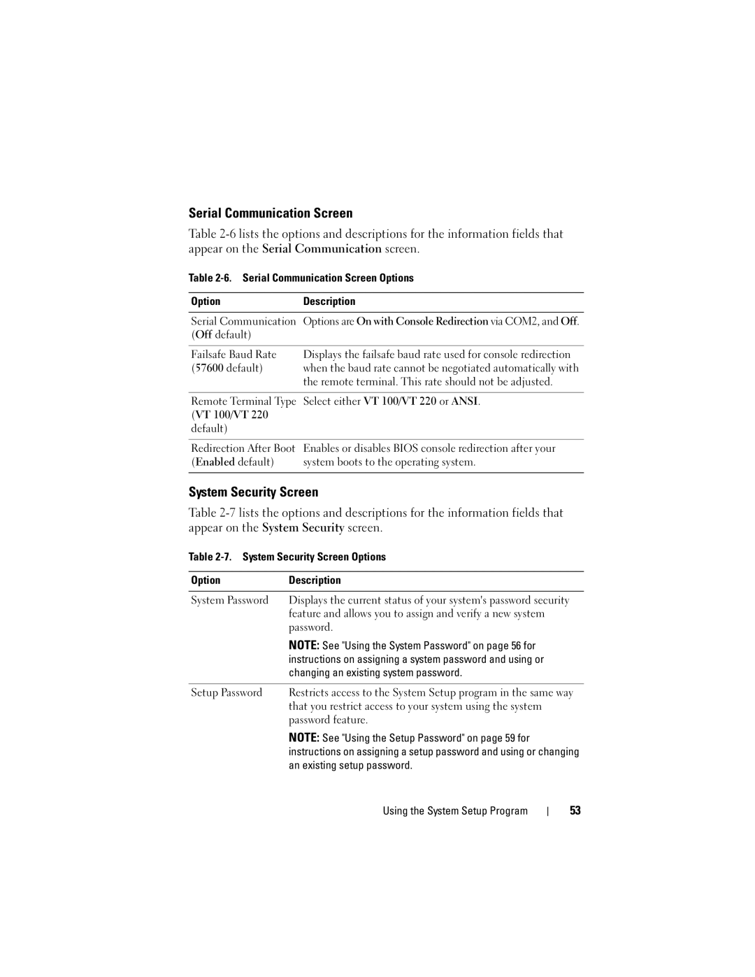 Dell DL2000 owner manual Serial Communication Screen, System Security Screen 