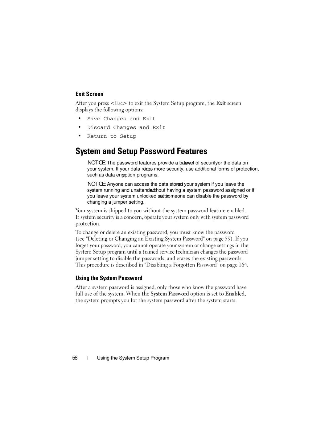 Dell DL2000 owner manual System and Setup Password Features, Exit Screen, Using the System Password 